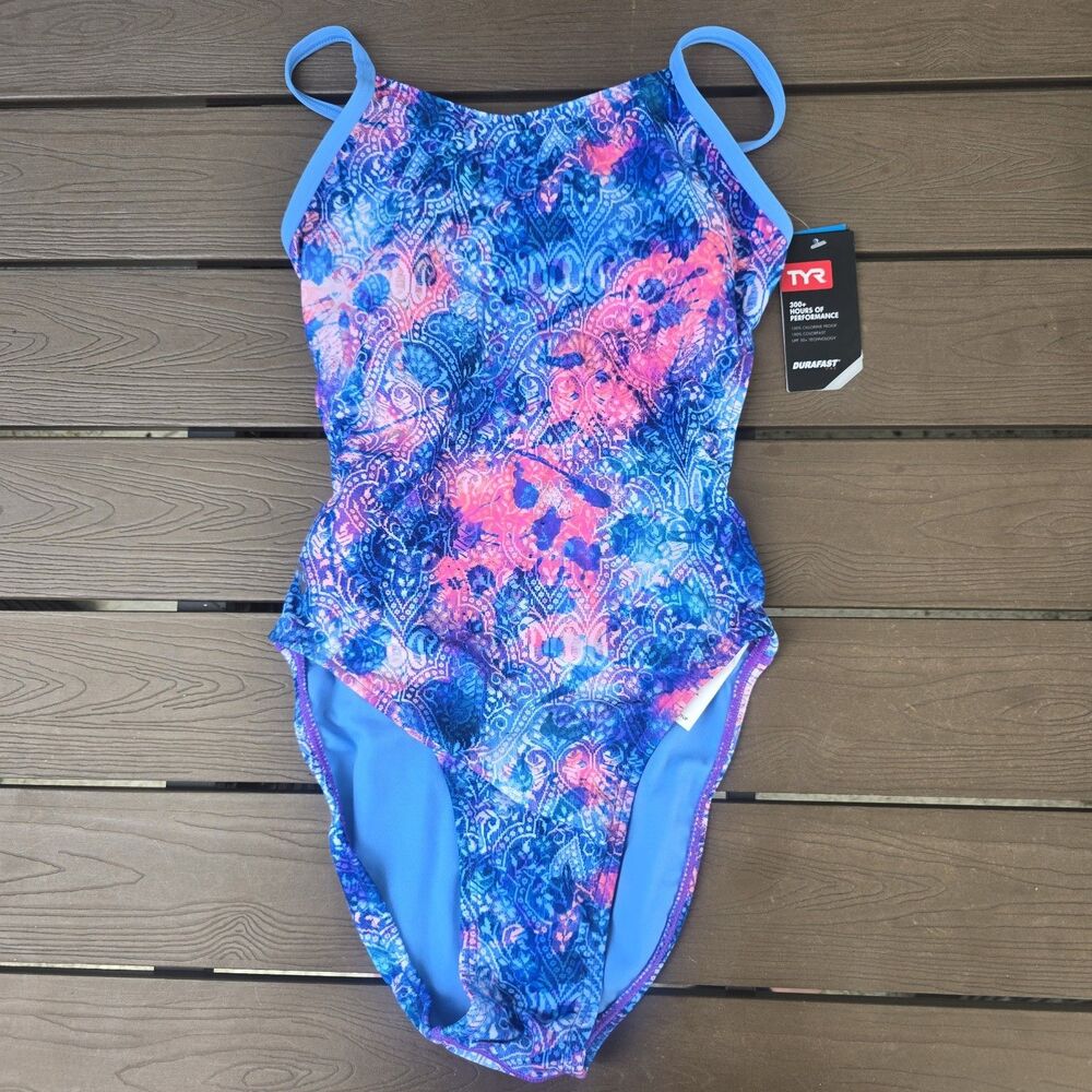 TYR Women's Durafast One Purple/blue Vari Cutoutfit Swimsuit Sz 30 New